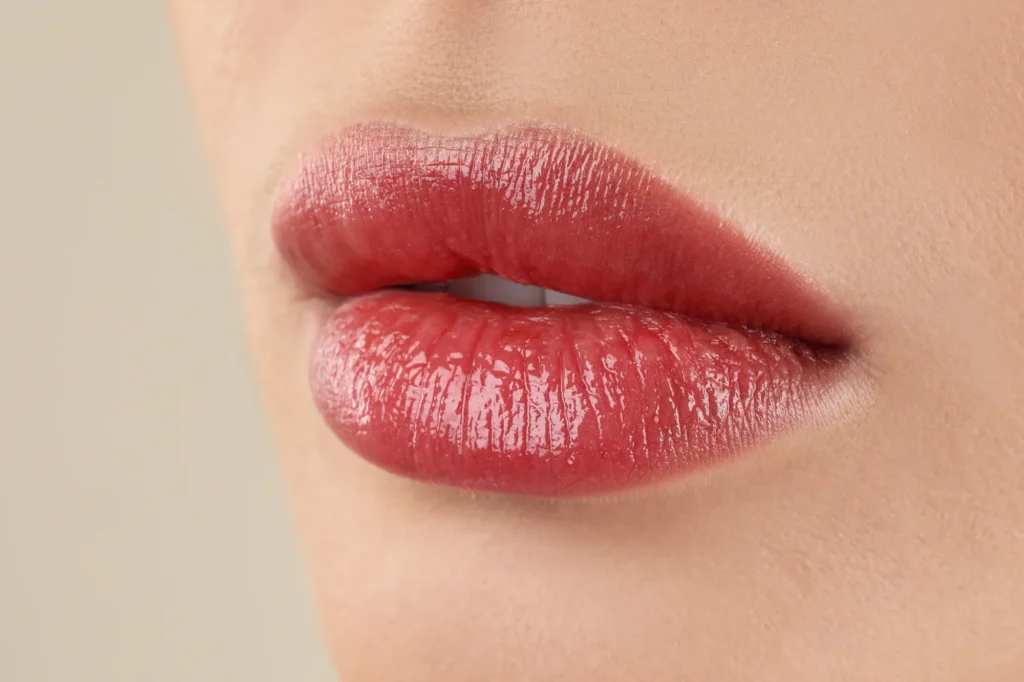 Labios con brillo tras tratamiento de hidratación con micropigmentación de labios en Ari Martínez Beauty