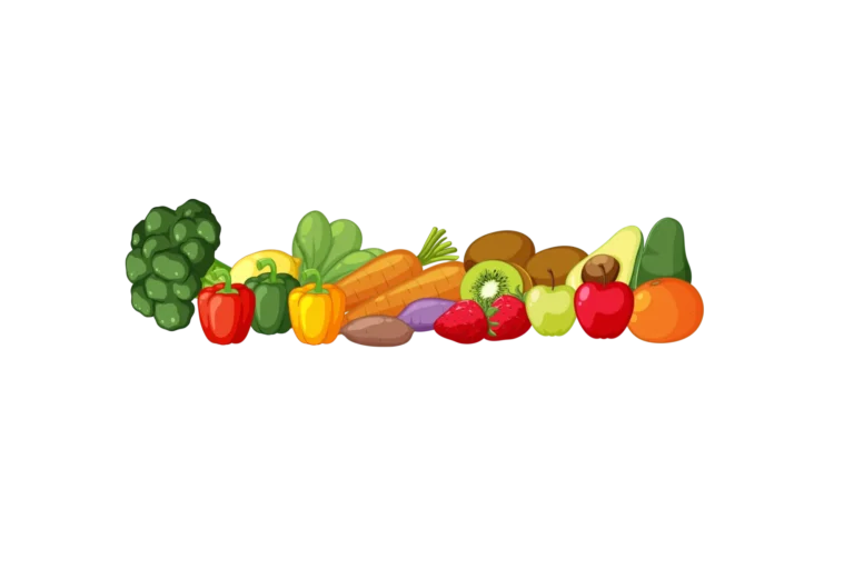 ilustración de frutas y verduras en fila en Ari Martínez Beauty